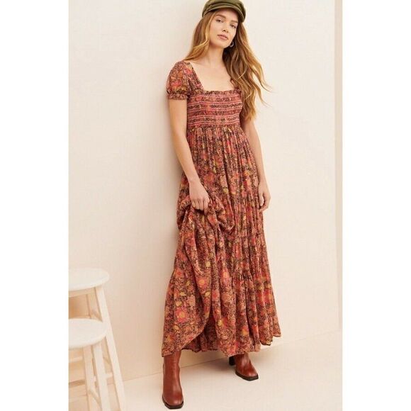 NEW FREE PEOPLE THE GETAWAY SMOCKED TIERED MAXI DRESS RED COMBO - Picture 3 of 5